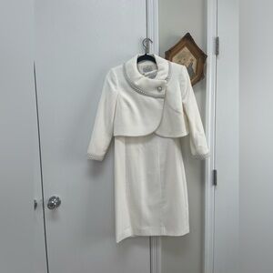This is a Tahari ASL Beaded Jacket and Sheath Dress suit in ivory or cloud